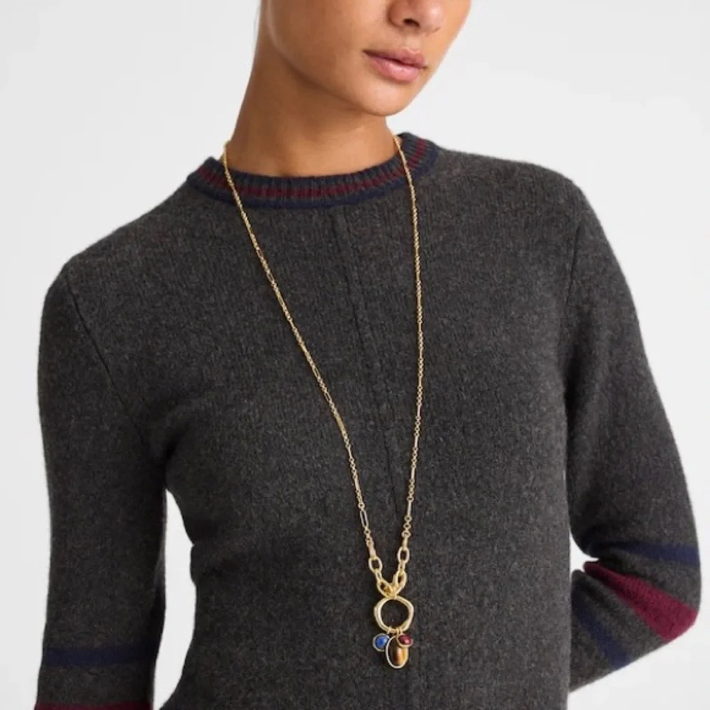 $88 NWT Madewell Semiprecious Tiger's Eye Lapis Stone Gold Chain Charm Necklace - Picture 3 of 12